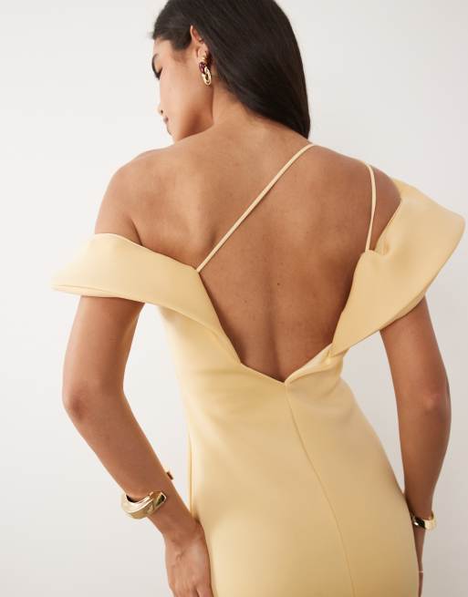 ASOS DESIGN - Robe mi-longue en imitation néoprène avec encolure bardot torsadée - Jaune beurre, 2 de 4