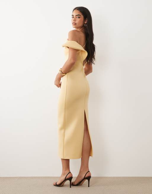 ASOS DESIGN - Robe mi-longue en imitation néoprène avec encolure bardot torsadée - Jaune beurre, 4 de 4