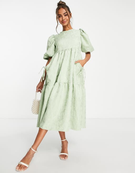 ASOS DESIGN - Robe mi-longue en jacquard avec poches à soufflet - Vert sauge 