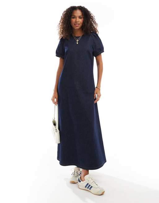 ASOS DESIGN - Robe mi-longue en jean à manches bouffantes - Indigo