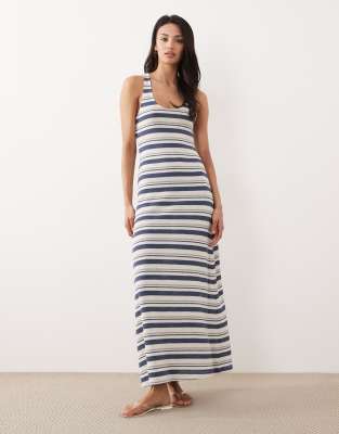 Robe mi-longue en jersey à dos nageur et rayures - Bleu et crème-multicolore L