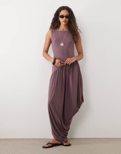 ASOS DESIGN - Robe mi-longue en jersey doux avec détail drapé - Mauve - view 1