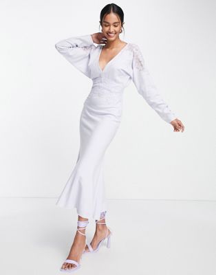 ASOS DESIGN long sleeve linen lace applique waist detail midi dress in lilac - ASOS Price Checker