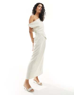 ASOS DESIGN - Robe mi-longue en lin avec épaule tombante et taille plissée - Grège-Neutral