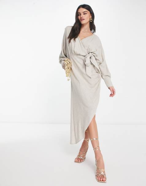 ASOS DESIGN - Robe mi-longue en lin nouée sur le côté avec manches chauve-souris et jupe asymétrique - Naturel - view 1