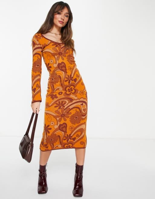 ASOS DESIGN Robe mi longue en maille motif style ann es 70 ASOS