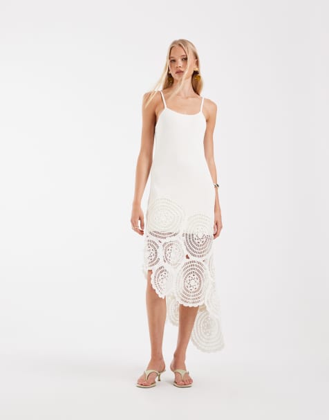 ASOS DESIGN - Robe mi-longue en maille au crochet contrastante - Blanc - view 1