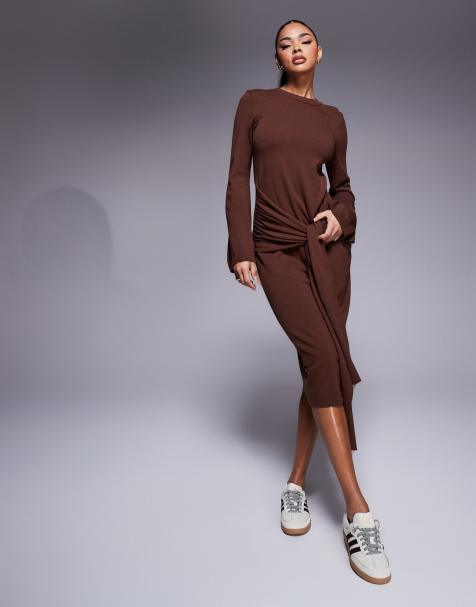 ASOS DESIGN - Robe mi-longue en maille avec détail noué à l'avant - Marron chocolat - view 1