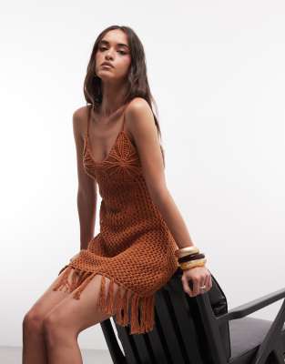 Robe mi-longue en maille crochetée à la main de qualité supérieure avec franges - Rouille-Marron S