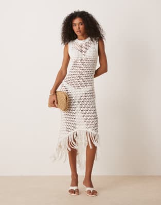 ASOS DESIGN - Robe mi-longue en maille crochetée ajourée avec ourlet à franges - Blanc
