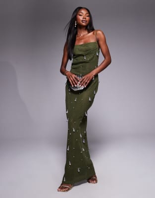 ASOS DESIGN - Robe mi-longue en maille crochetée avec bretelles fines et sequins irisés façon goutte d'eau - Kaki-Vert