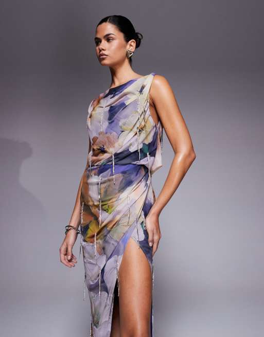 ASOS DESIGN - Robe mi-longue en mousseline à encolure bateau avec chaînes à strass et imprimé fleurs, 3 de 4