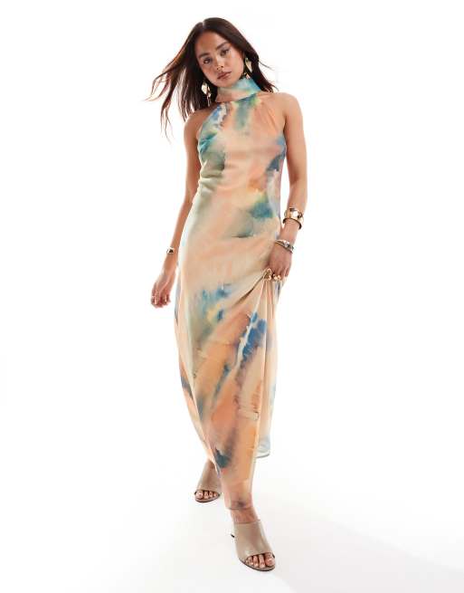 ASOS DESIGN - Robe mi-longue en mousseline imprimé abstrait avec découpe et encolure américaine