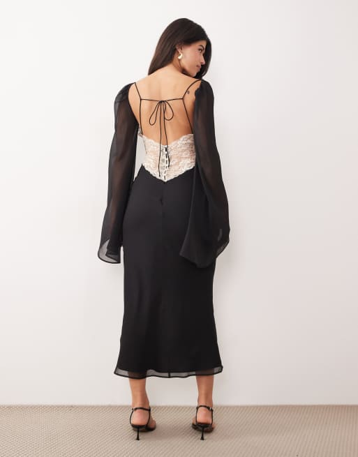ASOS DESIGN - Robe mi-longue en mousseline mélangée avec manches drapées et dentelle appliquée - Noir et blanc, 4 de 4
