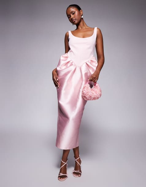 ASOS DESIGN - Robe mi-longue en néoprène à encolure dégagée et jupe bouffante - Rose pâle - view 1