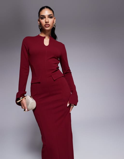 ASOS DESIGN - Robe mi-longue en néoprène à manches longues et poches - Bordeaux