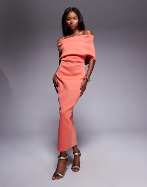 ASOS DESIGN - Robe mi-longue en néoprène avec encolure bardot prononcée et cape dans le dos - Ambre orange - view 1