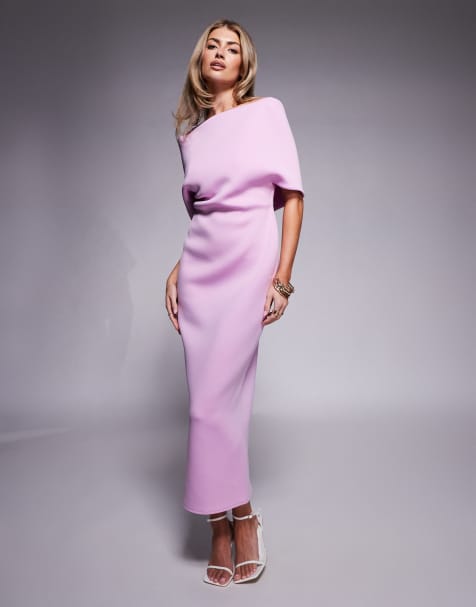 ASOS DESIGN - Robe mi-longue en néoprène avec encolure Bardot prononcée et cape dans le dos - Lilas - view 1