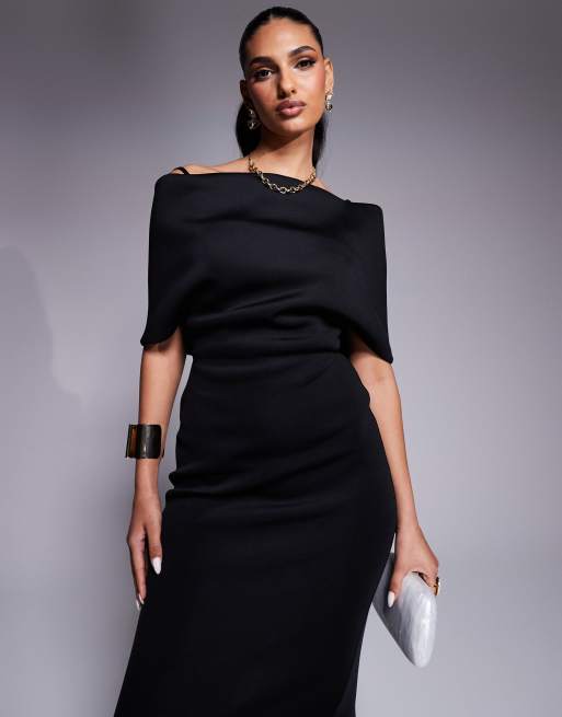 ASOS DESIGN - Robe mi-longue en néoprène avec encolure Bardot prononcée et cape dans le dos - Noir