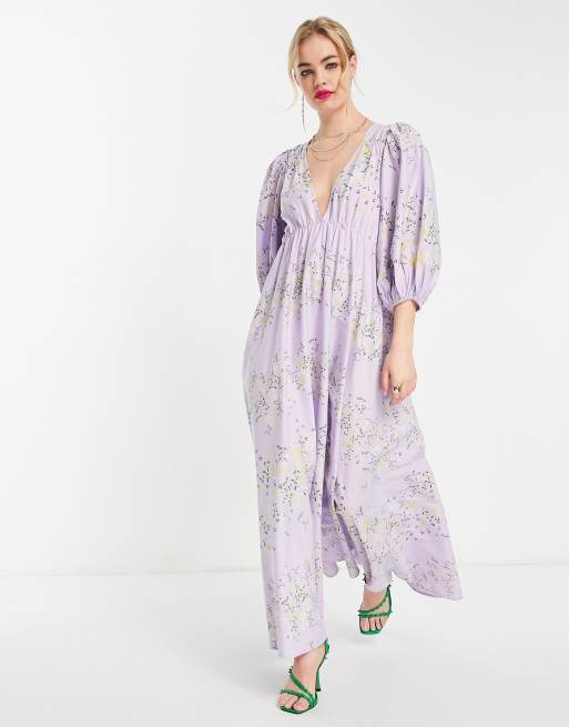 ASOS DESIGN - Robe mi-longue en popeline à manches bouffantes - Lilas fleuri, 4 de 4