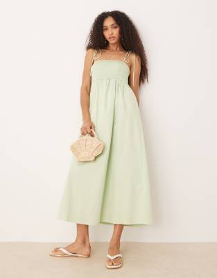 Robe mi-longue en popeline de coton avec buste froncé - Sauge-Vert 36