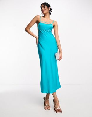 ASOS DESIGN satin elasticated strappy midi dress with open back in turquoise - ASOS Price Checker