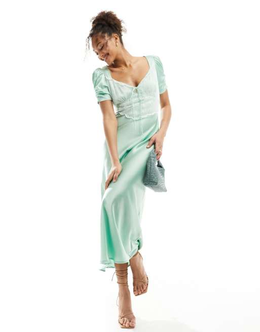 ASOS DESIGN - Robe mi-longue en satin à col en V et corsage en dentelle contrastante - Vert sauge