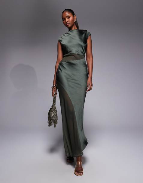 ASOS DESIGN - Robe mi-longue en satin à mancherons avec empiècements en mousseline transparente - Kaki - view 1