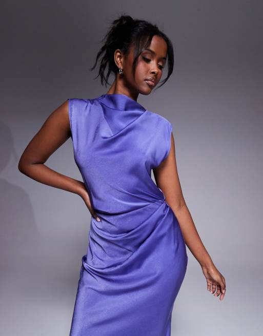 ASOS DESIGN - Robe mi-longue en satin avec col montant et corsage plissé - Bleu barbeau, 4 de 4