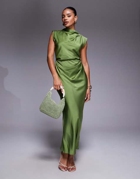 ASOS DESIGN - Robe mi-longue en satin avec col montant et corsage plissé - Vert olive - view 1