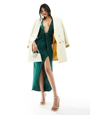 ASOS DESIGN satin deep plunge midi dress with twist front detail in green - ASOS Price Checker