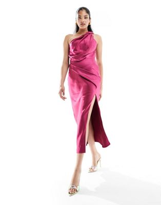 ASOS DESIGN satin twist shoulder midi dress with high split in pink - ASOS Price Checker