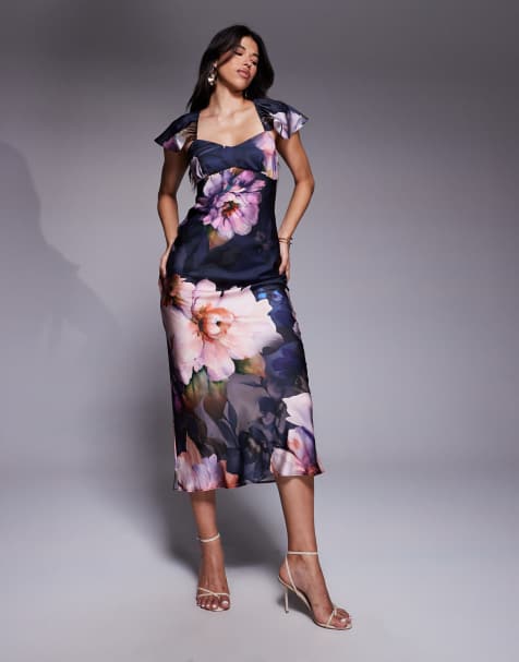 ASOS DESIGN - Robe mi-longue en satin imprimé fleuri à manches évasées - Violet - view 1