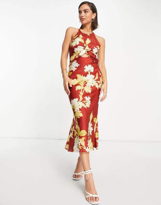 ASOS DESIGN - Robe mi-longue en satin nouée sur le devant avec lien au dos et imprimé hortensias - Rouge