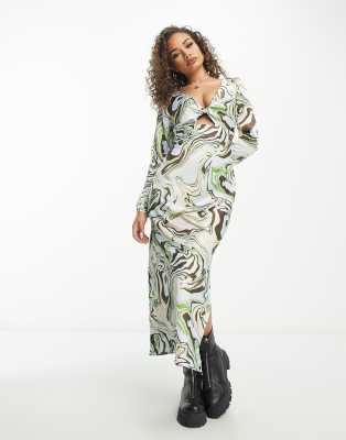 ASOS DESIGN reversible satin twill midi dress with twist front in marble print - ASOS Price Checker