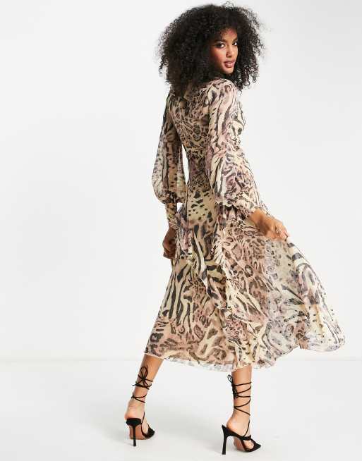 ASOS DESIGN - Robe mi-longue en tissu façonné boutonnée à manches longues et bords en dentelle - Imprimé animal, 2 de 4
