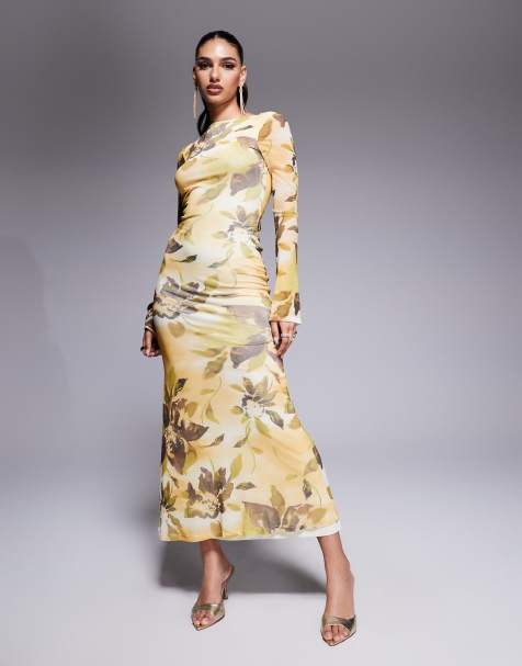 ASOS DESIGN - Robe mi-longue en tulle à manches ange et dos ouvert avec liens et imprimé fleurs - Jaune - view 1