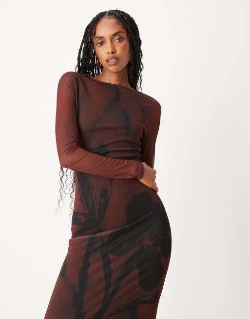 ASOS DESIGN - Robe mi-longue en tulle à manches longues et imprimé fleur - Chocolat, 2 de 4