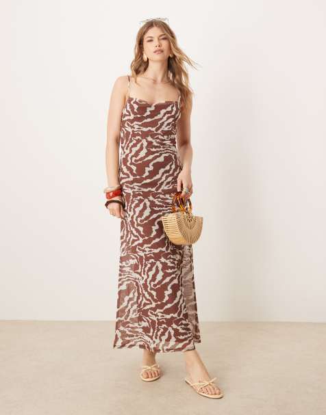 ASOS DESIGN - Robe mi-longue en tulle à zébrures avec bretelles et dos échancré - Marron - view 1