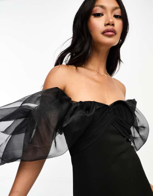 ASOS DESIGN - Robe mi-longue en tulle doublé à épaules dénudées et manches bouffantes - Noir, 3 de 4