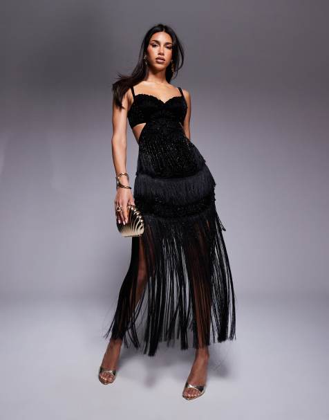 ASOS DESIGN - Robe mi-longue en velours à franges et ornements - Noir - view 1