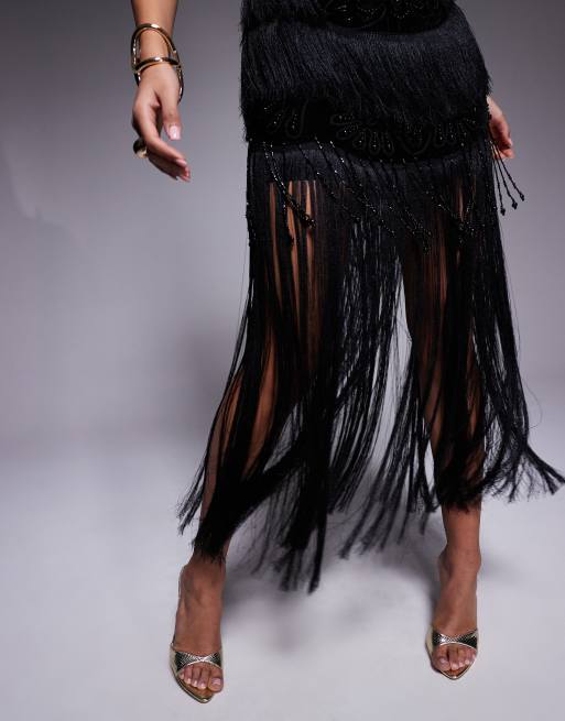 ASOS DESIGN - Robe mi-longue en velours à franges et ornements - Noir, 4 de 4