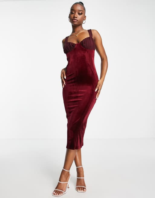 ASOS DESIGN Robe mi longue en velours avec bonnets et surpiq res Bordeaux