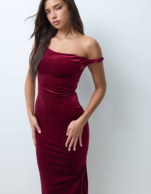 ASOS DESIGN - Robe mi-longue en velours avec laçage dans le dos et bretelle torsadée - Bordeaux, 4 de 5