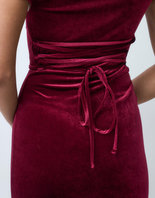 ASOS DESIGN - Robe mi-longue en velours avec laçage dans le dos et bretelle torsadée - Bordeaux, 5 de 5
