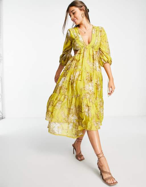ASOS DESIGN Robe mi longue en voile tag e imprim glycine et d tails en dentelle
