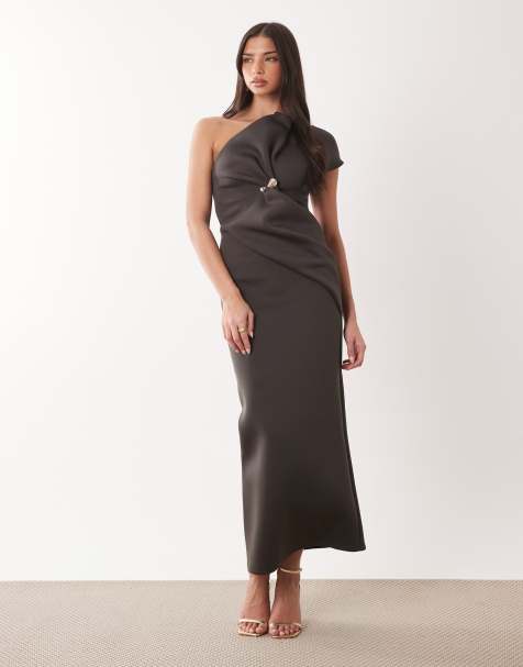 ASOS DESIGN - Robe mi-longue et asymétrique en imitation néoprène à ornement - Marron - view 1
