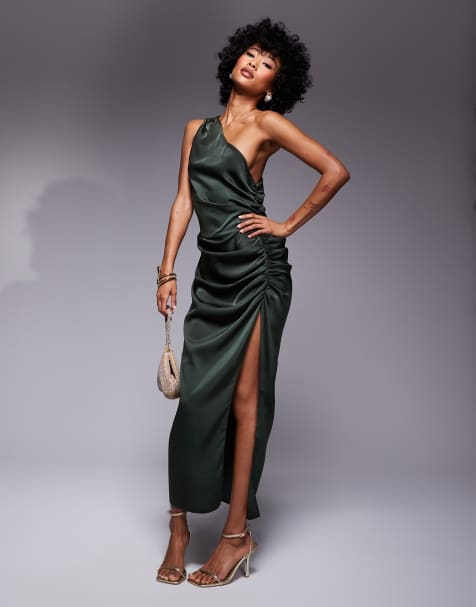 ASOS DESIGN - Robe mi-longue et asymétrique en satin avec fronces sur le côté - Vert foncé - view 1