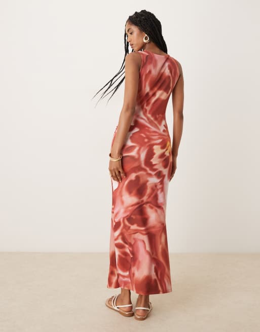 ASOS DESIGN - Robe mi-longue et sans manches à col montant et imprimé fleuri effet tacheté - Bordeaux, 3 de 4