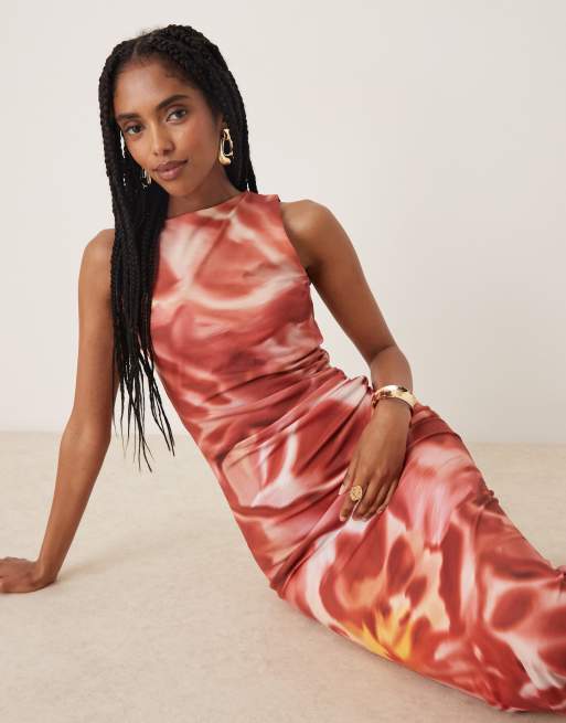 ASOS DESIGN - Robe mi-longue et sans manches à col montant et imprimé fleuri effet tacheté - Bordeaux, 4 de 4